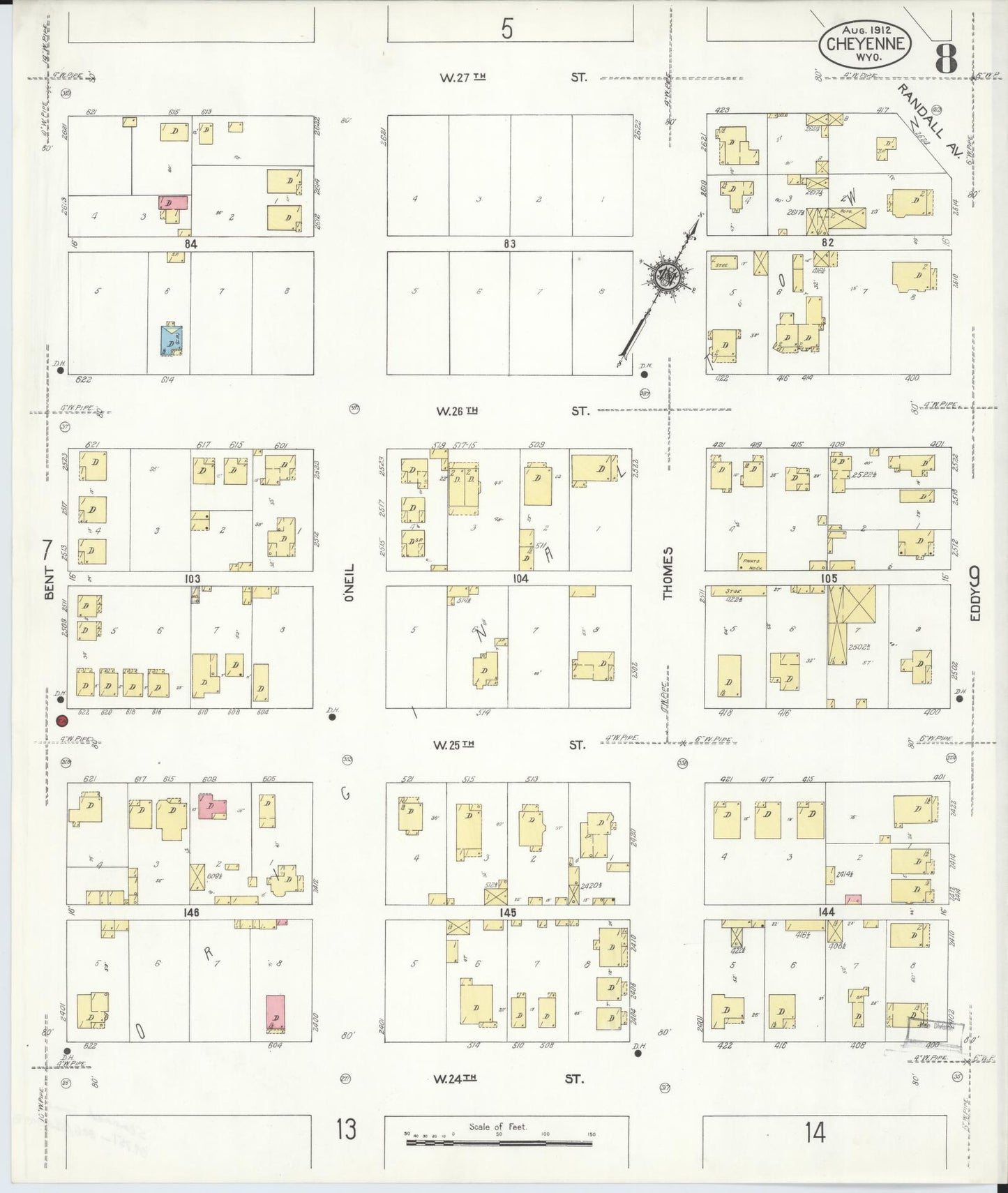 Sanborn Fire Insurance Map from Cheyenne, Laramie County, Wyoming (1912), Sheet #0008 - Complete Map Set gallery image, historic Sanborn map, vintage wall art, Wyoming Wyoming