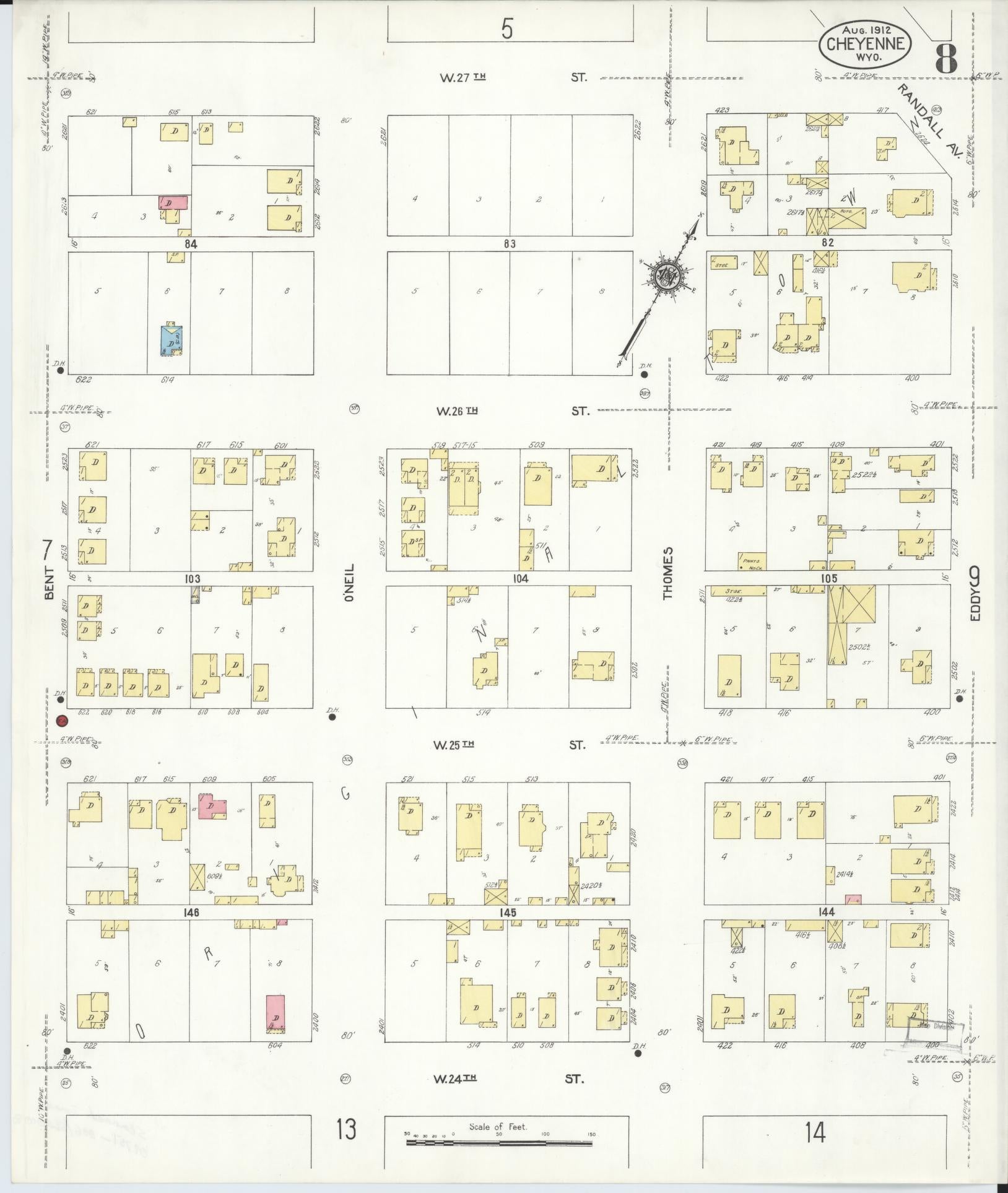 Sanborn Fire Insurance Map from Cheyenne, Laramie County, Wyoming (1912), Sheet #0008 - Complete Map Set gallery image, historic Sanborn map, vintage wall art, Wyoming Wyoming