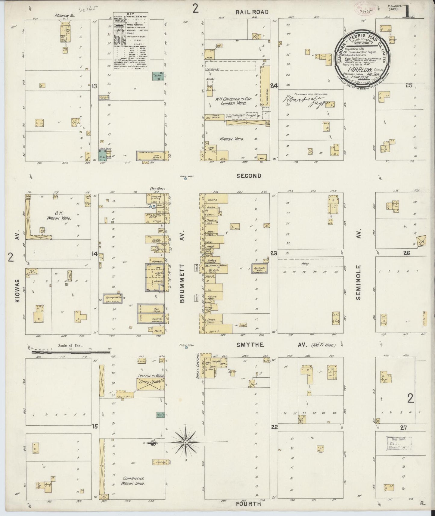 Sanborn Fire Insurance Map from Marlow, Stephens County, Oklahoma (1896), Sheet #0001 - Historic Sanborn Fire Insurance Map Print, vintage old map wall art, antique decor, genealogy gift, Oklahoma Oklahoma map