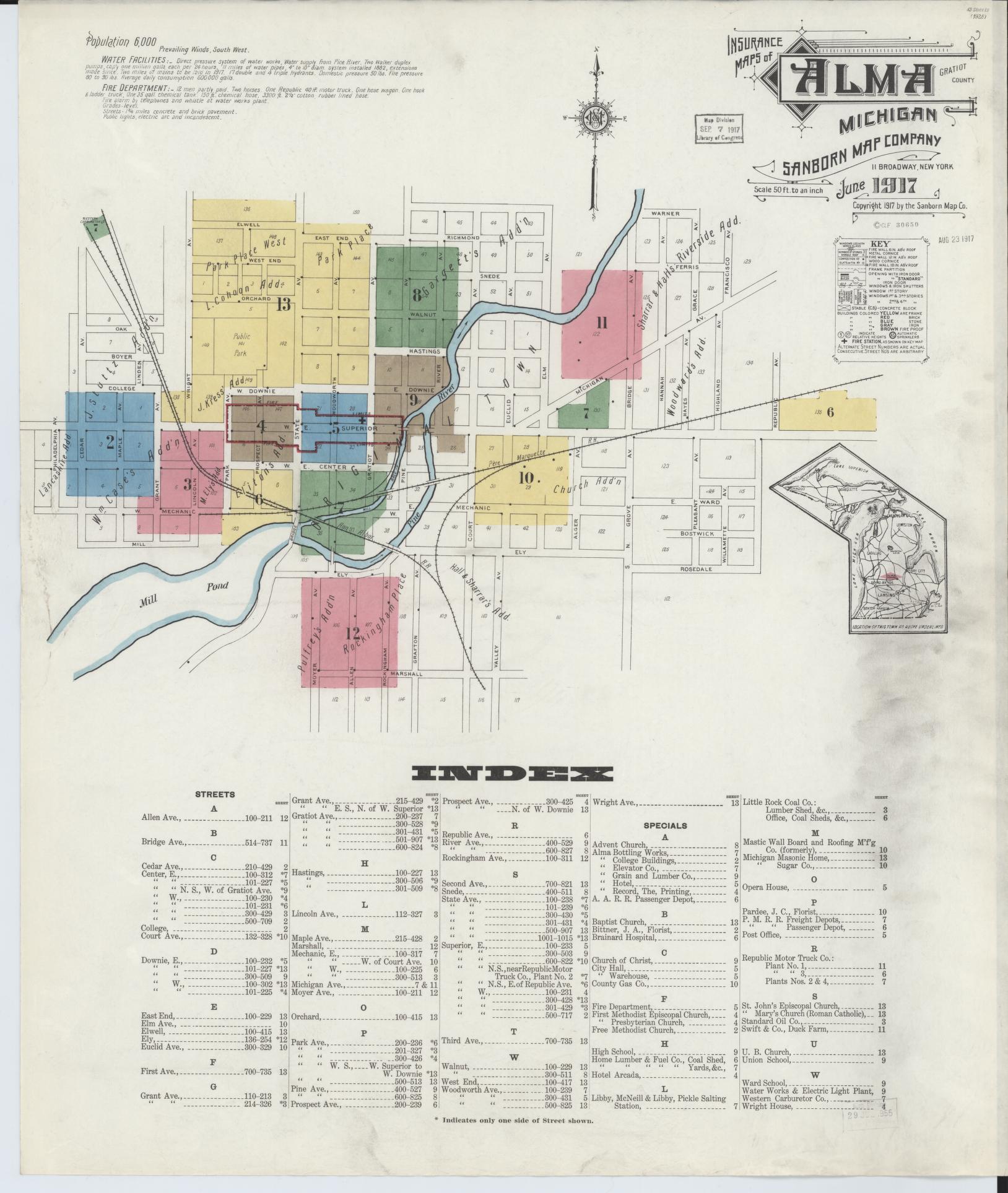 Sanborn Fire Insurance Map from Alma, Gratiot County, Michigan (1917), Sheet #0001 - Complete Map Set gallery image, historic Sanborn map, vintage wall art, Michigan Michigan