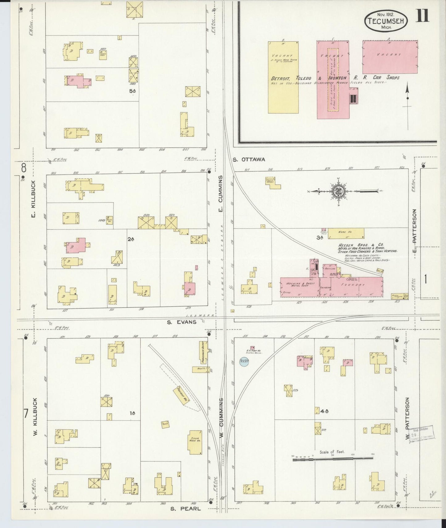 Sanborn Fire Insurance Map from Tecumseh, Lenawee County, Michigan (1912), Sheet #0011 - Complete Map Set gallery image, historic Sanborn map, vintage wall art, Michigan Michigan