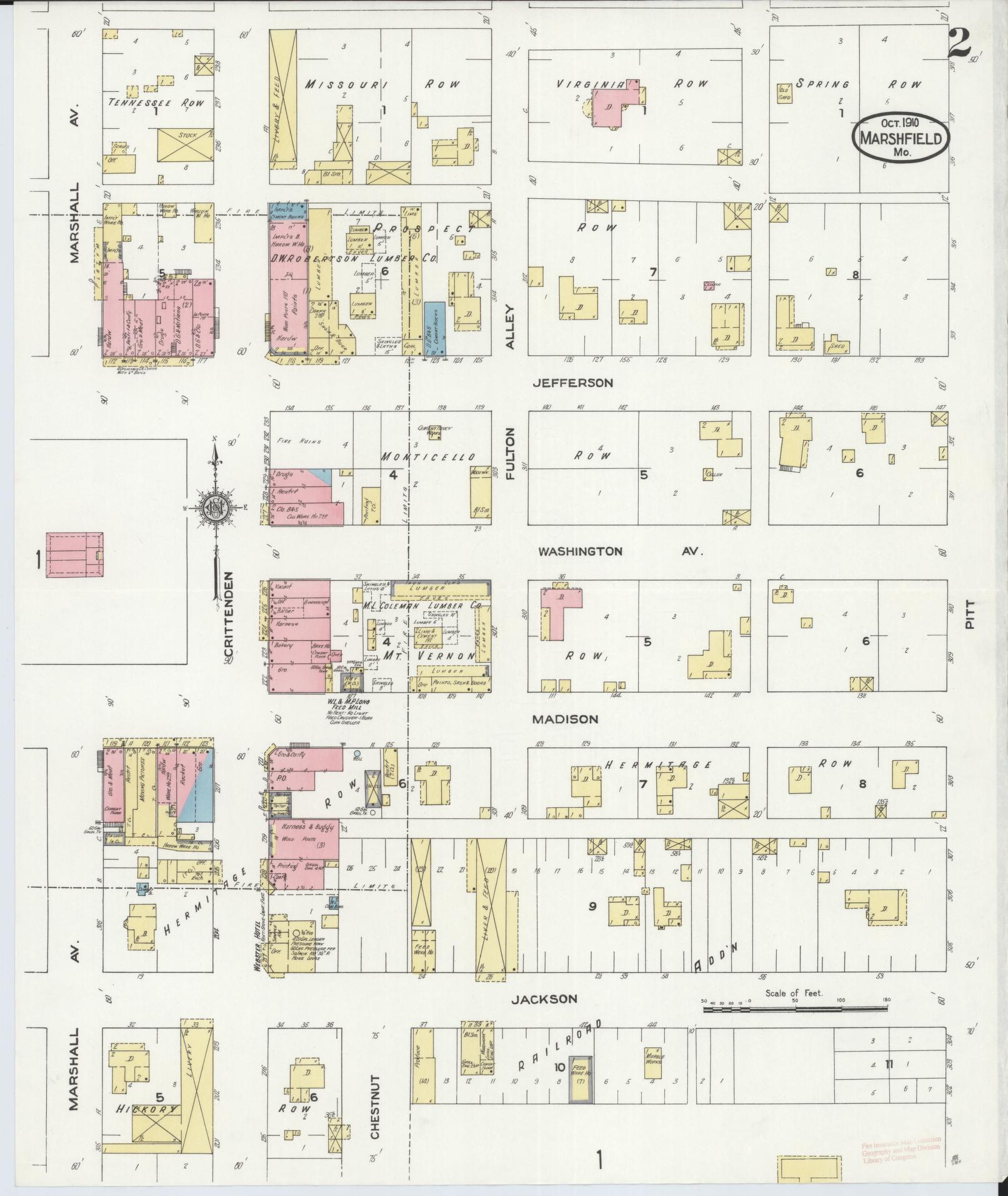 Sanborn Fire Insurance Map from Marshfield, Webster County, Missouri (1910), Sheet #0002 - Historic Sanborn Fire Insurance Map Print, vintage old map wall art, antique decor, genealogy gift, Missouri Missouri map
