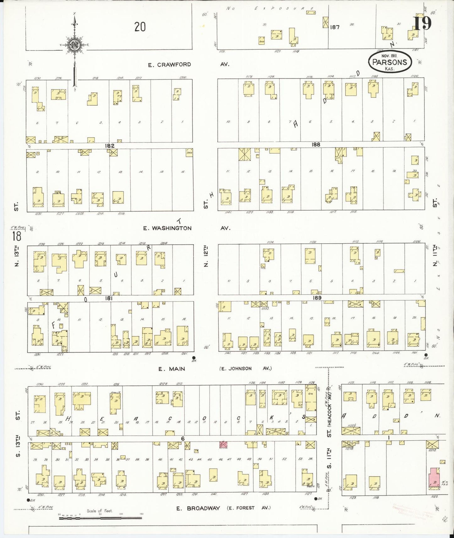 Sanborn Fire Insurance Map from Parsons, Labette County, Kansas (1911), Sheet #0019 - Historic Sanborn Fire Insurance Map Print, vintage old map wall art, antique decor, genealogy gift, Kansas Kansas map