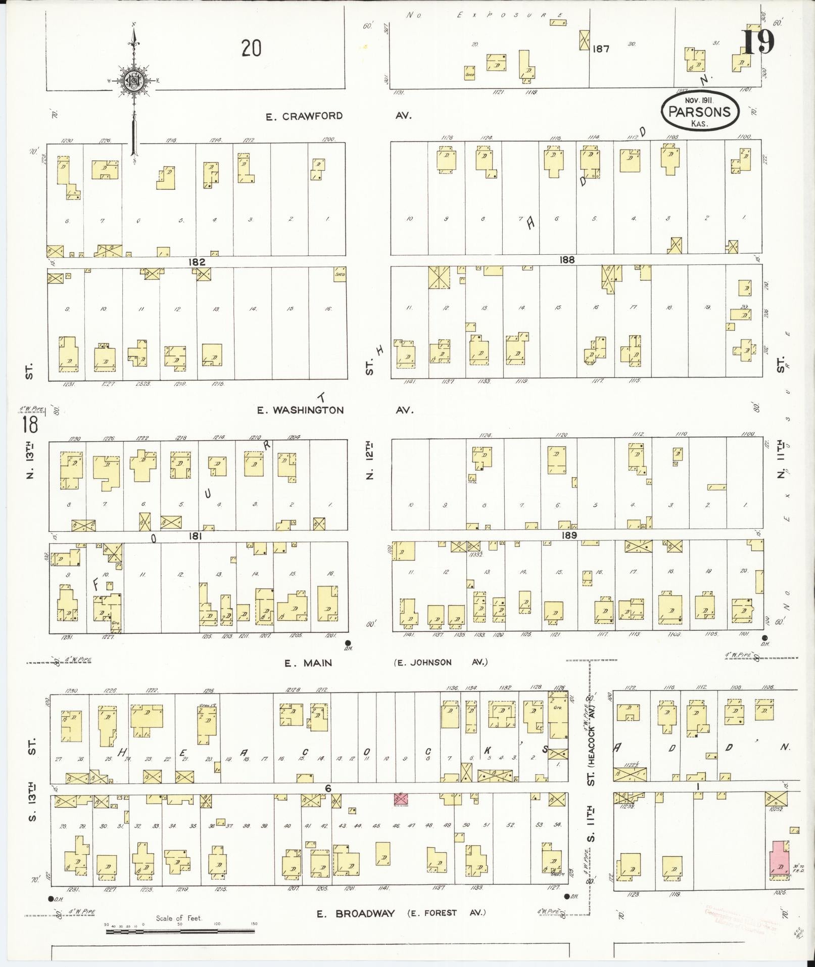 Sanborn Fire Insurance Map from Parsons, Labette County, Kansas (1911), Sheet #0019 - Historic Sanborn Fire Insurance Map Print, vintage old map wall art, antique decor, genealogy gift, Kansas Kansas map