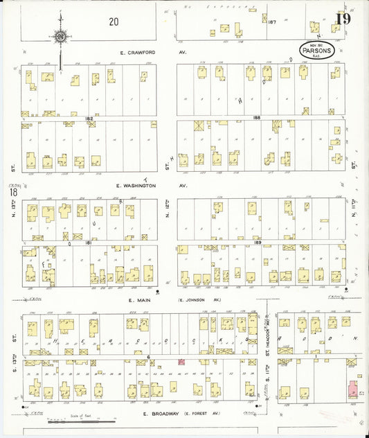 Sanborn Fire Insurance Map from Parsons, Labette County, Kansas (1911), Sheet #0019 - Historic Sanborn Fire Insurance Map Print, vintage old map wall art, antique decor, genealogy gift, Kansas Kansas map