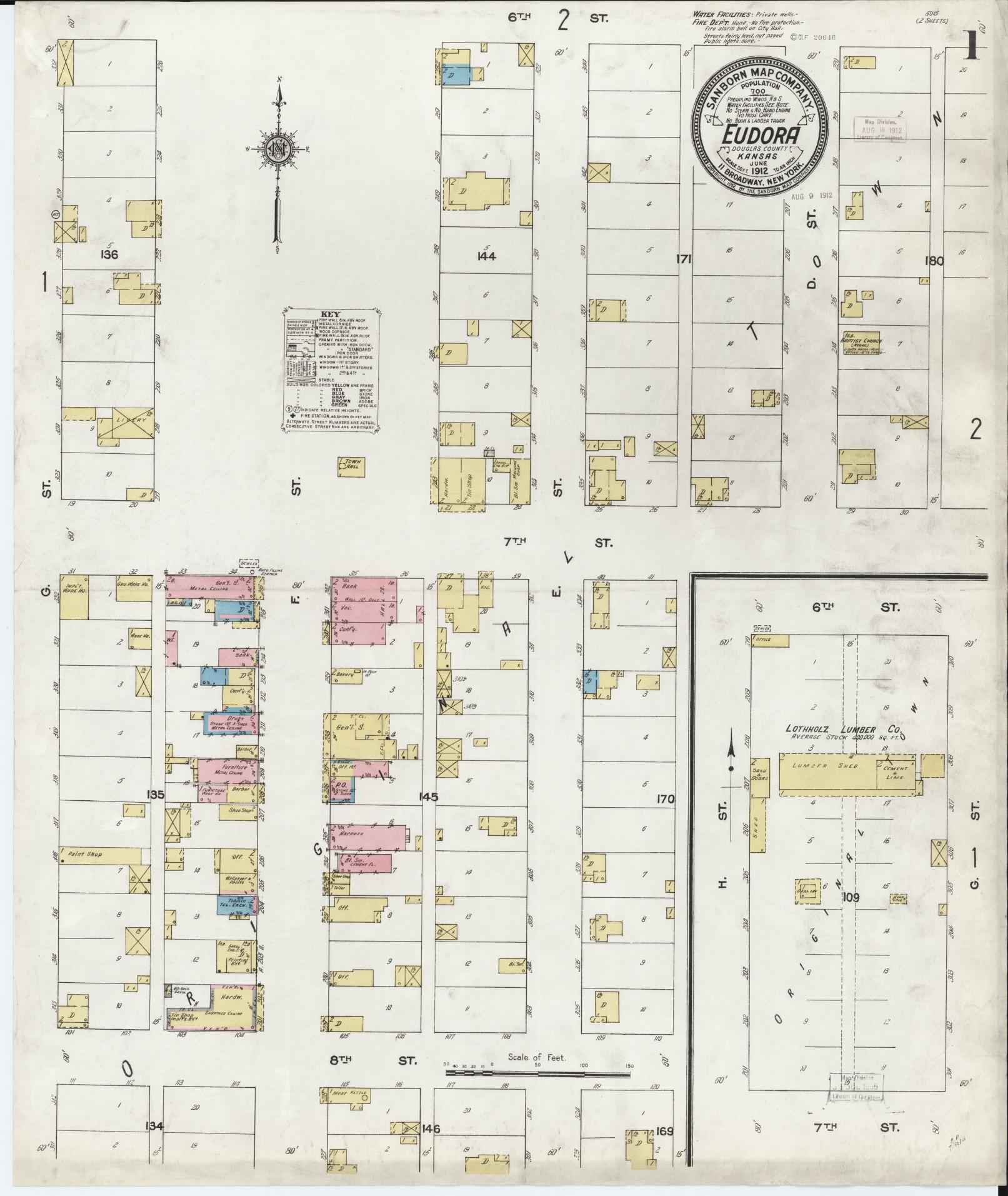 Sanborn Fire Insurance Map from Eudora, Douglas County, Kansas (1912), Sheet #0001 - Historic Sanborn Fire Insurance Map Print, vintage old map wall art, antique decor, genealogy gift, Kansas Kansas map