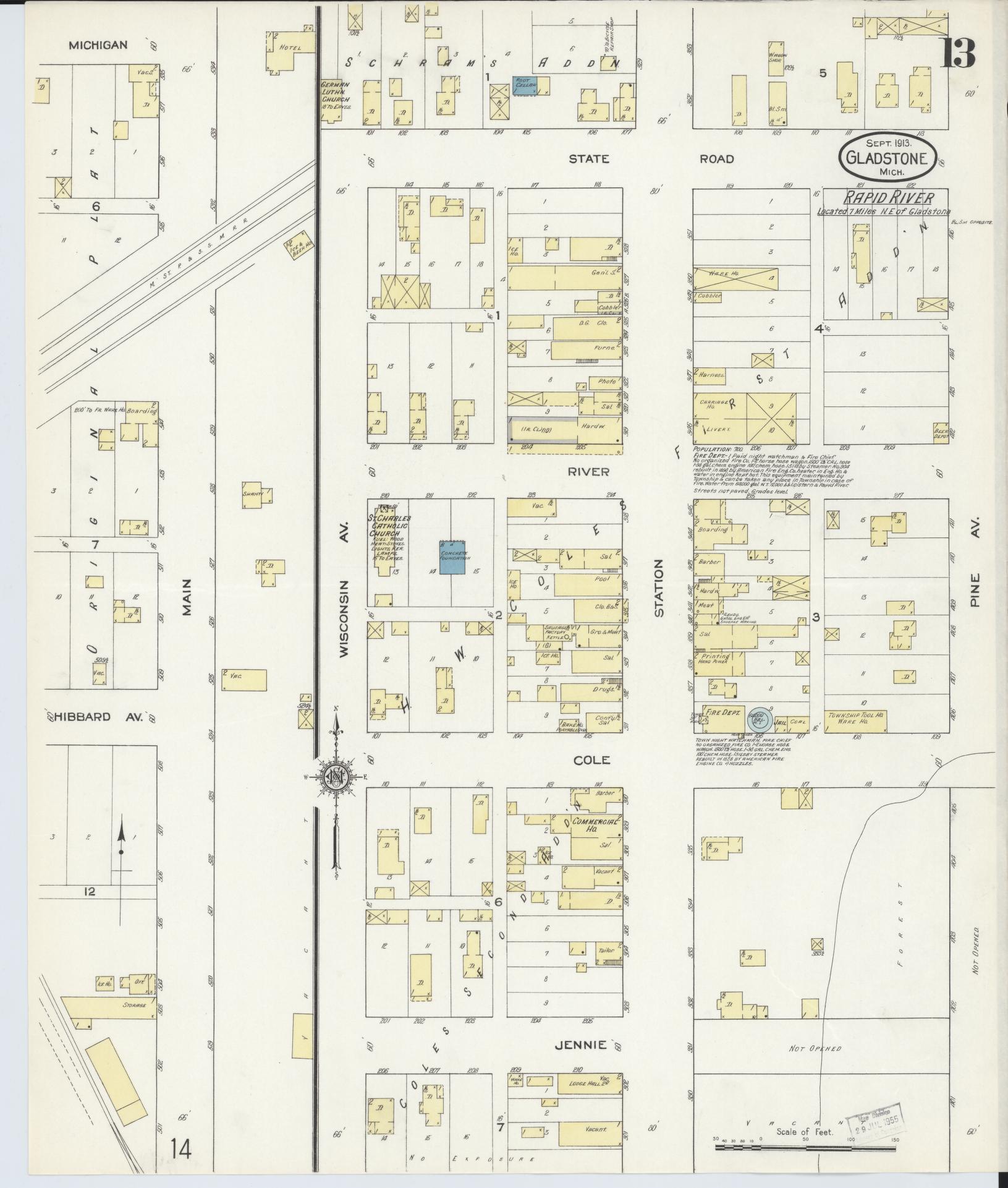 Sanborn Fire Insurance Map from Gladstone, Delta County, Michigan (1913), Sheet #0013 - Complete Map Set gallery image, historic Sanborn map, vintage wall art, Michigan Michigan