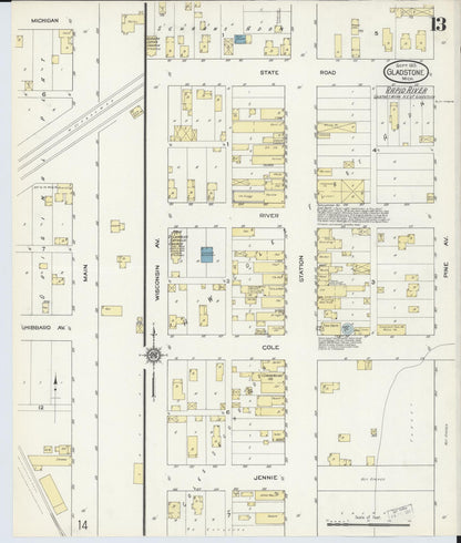 Sanborn Fire Insurance Map from Gladstone, Delta County, Michigan (1913), Sheet #0013 - Complete Map Set gallery image, historic Sanborn map, vintage wall art, Michigan Michigan