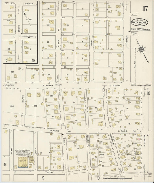 Sanborn Fire Insurance Map from Waxahachie, Ellis County, Texas (1914), Sheet #0017 - Historic Sanborn Fire Insurance Map Print, vintage old map wall art, antique decor, genealogy gift, Texas Texas map