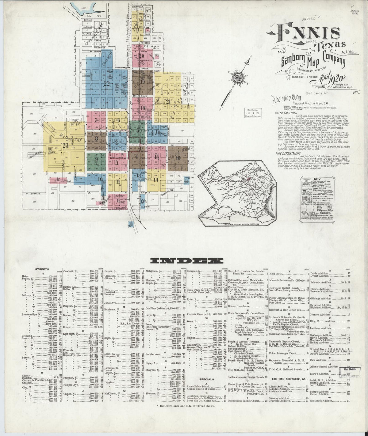 Sanborn Fire Insurance Map from Ennis, Ellis County, Texas (1920), Sheet #0001 - Complete Map Set gallery image, historic Sanborn map, vintage wall art, Texas Texas