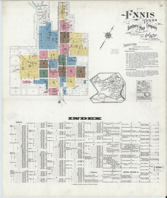 Sanborn Fire Insurance Map from Ennis, Ellis County, Texas (1920), Sheet #0001 - Complete Map Set gallery image, historic Sanborn map, vintage wall art, Texas Texas