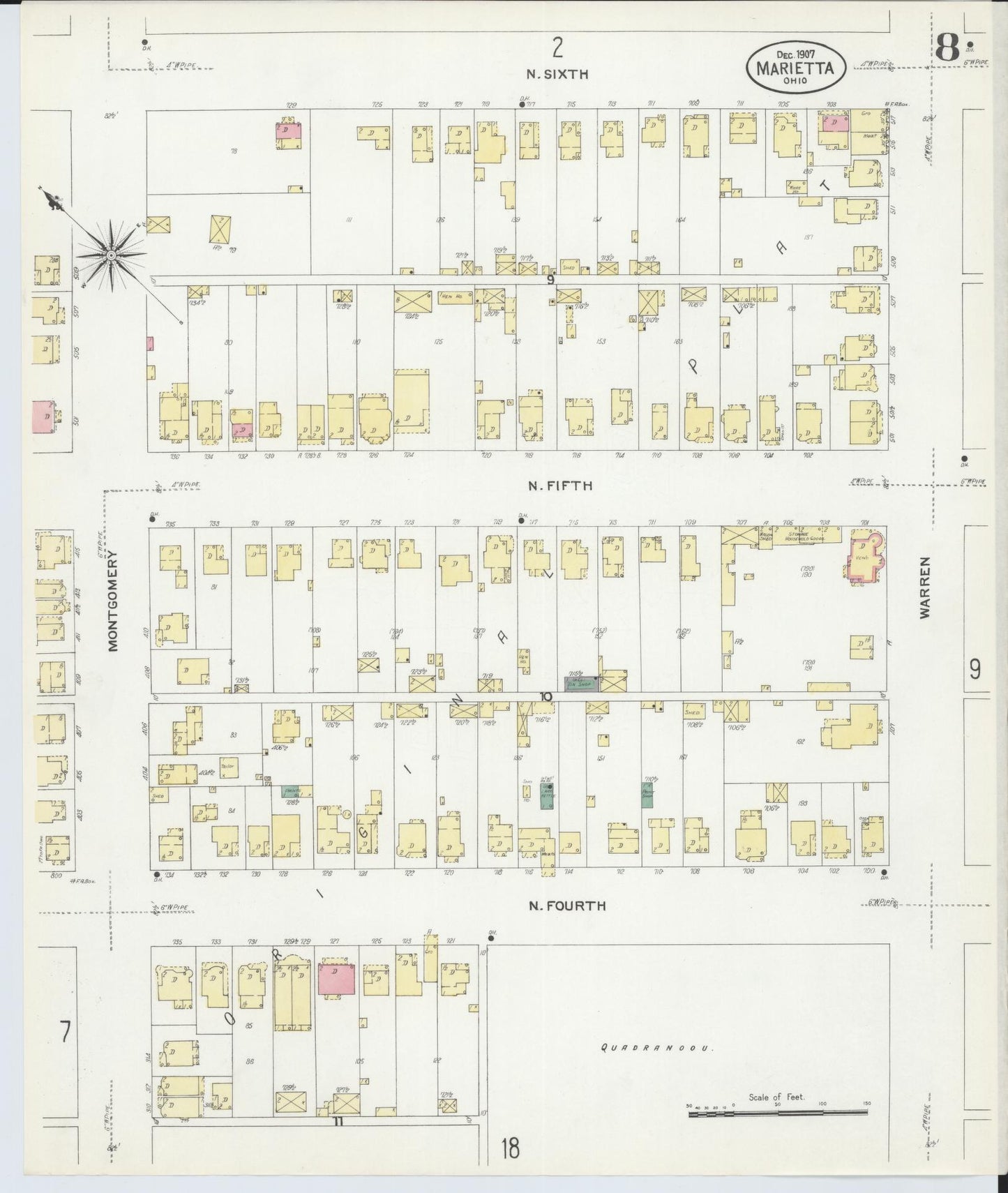 Sanborn Fire Insurance Map from Marietta, Washington County, Ohio (1907), Sheet #0008 - Historic Sanborn Fire Insurance Map Print, vintage old map wall art, antique decor, genealogy gift, Ohio Ohio map