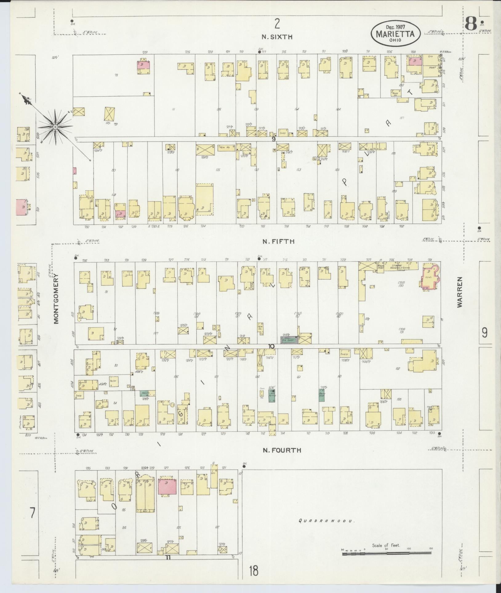 Sanborn Fire Insurance Map from Marietta, Washington County, Ohio (1907), Sheet #0008 - Historic Sanborn Fire Insurance Map Print, vintage old map wall art, antique decor, genealogy gift, Ohio Ohio map