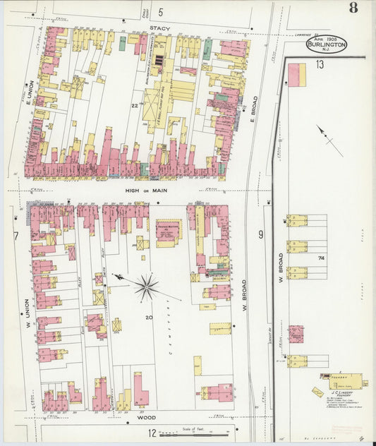 Sanborn Fire Insurance Map from Burlington, Burlington County, New Jersey (1908), Sheet #0007 - Historic Sanborn Fire Insurance Map Print, vintage old map wall art, antique decor, genealogy gift, New Jersey New Jersey map