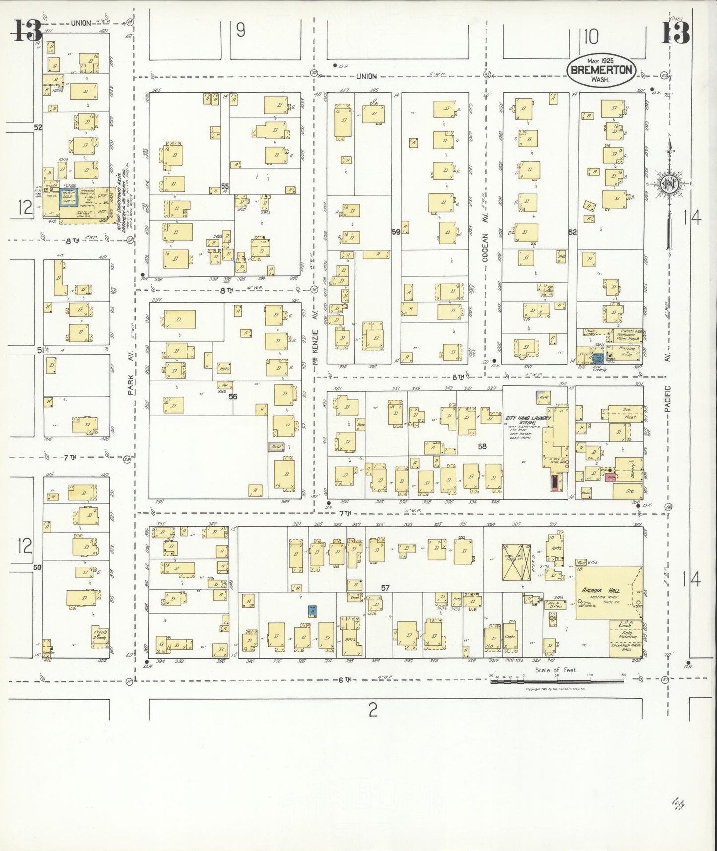Sanborn Fire Insurance Map from Bremerton, Kitsap County, Washington (1925), Sheet #0013 - Complete Map Set gallery image, historic Sanborn map, vintage wall art, Washington Washington