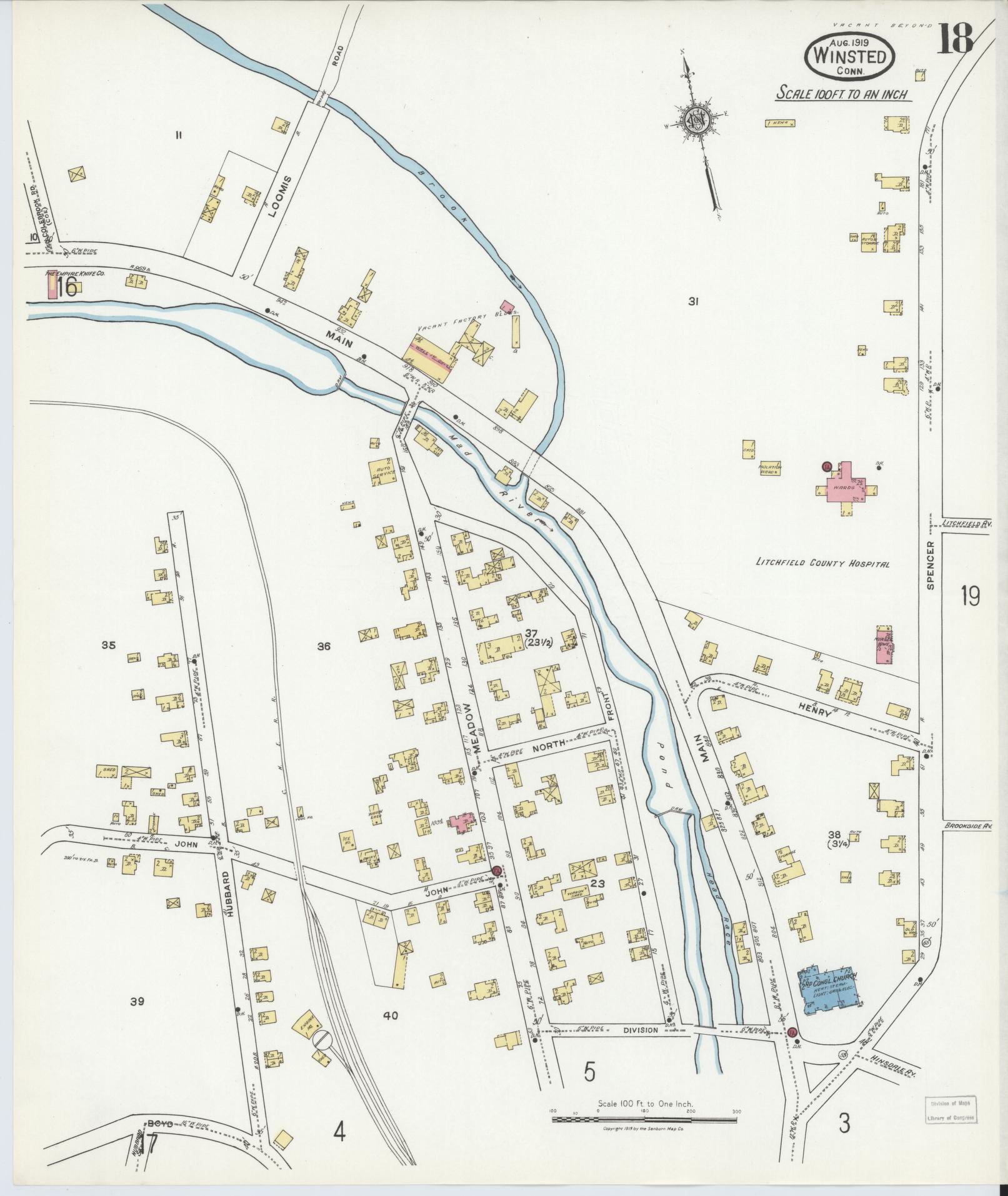 Sanborn Fire Insurance Map from Winsted, Litchfield County, Connecticut (1919), Sheet #0018 - Historic Sanborn Fire Insurance Map Print, vintage old map wall art, antique decor, genealogy gift, Connecticut Connecticut map