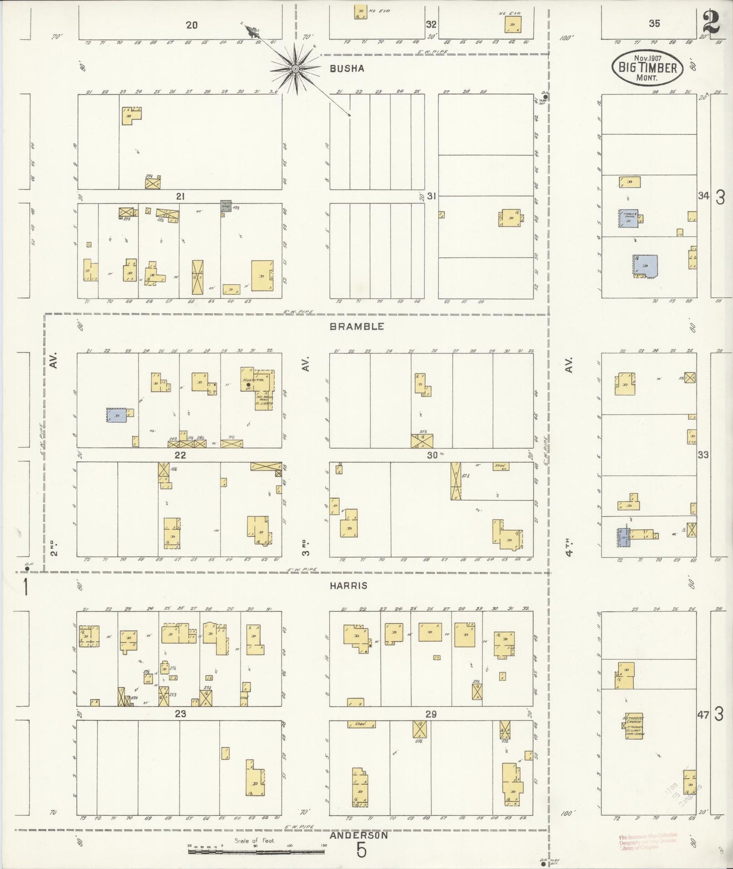 Sanborn Fire Insurance Map from Big Timber, Sweet Grass County, Montana (1907), Sheet #0002 - Complete Map Set gallery image, historic Sanborn map, vintage wall art, Montana Montana