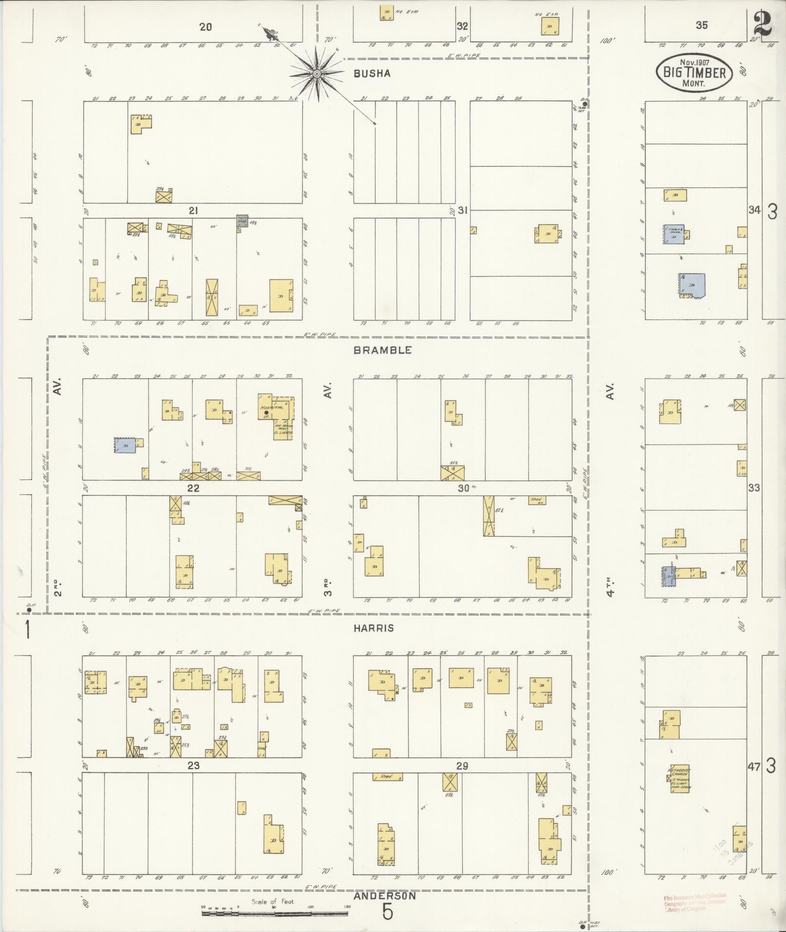 Sanborn Fire Insurance Map from Big Timber, Sweet Grass County, Montana (1907), Sheet #0002 - Complete Map Set gallery image, historic Sanborn map, vintage wall art, Montana Montana