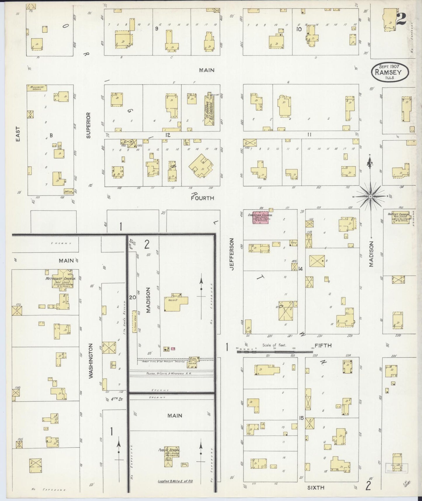 Sanborn Fire Insurance Map from Ramsey, Fayette County, Illinois (1907), Sheet #0002 - Historic Sanborn Fire Insurance Map Print, vintage old map wall art, antique decor, genealogy gift, Illinois Illinois map