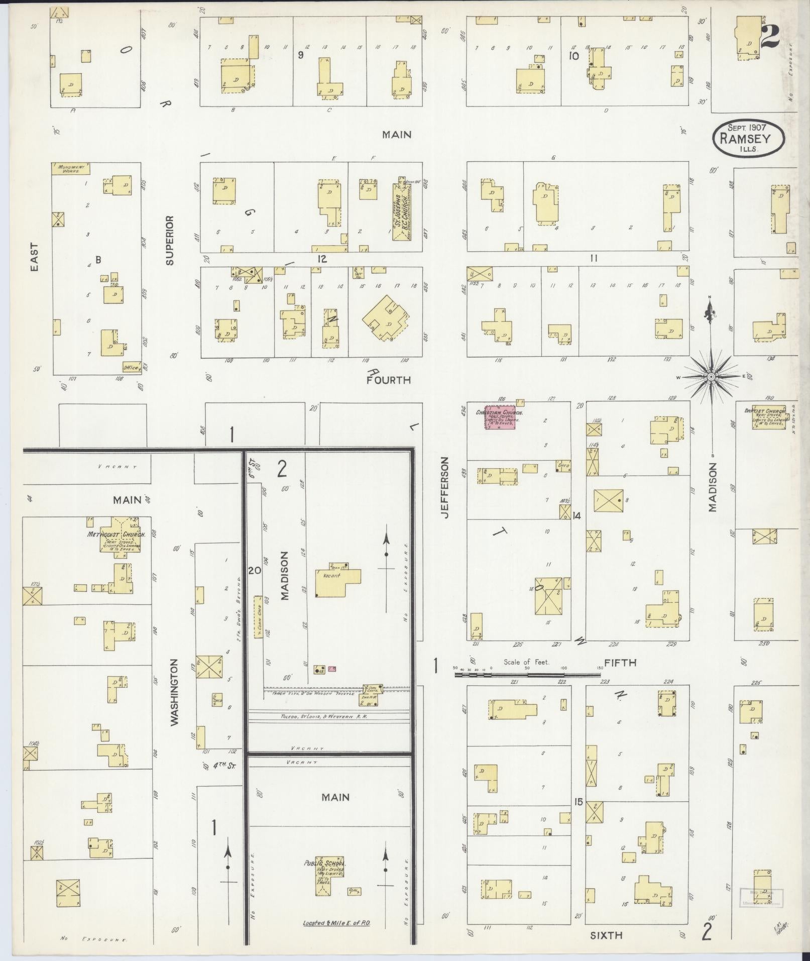 Sanborn Fire Insurance Map from Ramsey, Fayette County, Illinois (1907), Sheet #0002 - Historic Sanborn Fire Insurance Map Print, vintage old map wall art, antique decor, genealogy gift, Illinois Illinois map