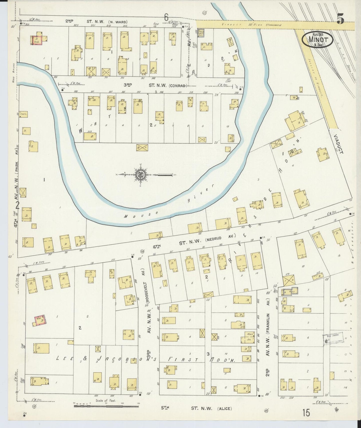 Sanborn Fire Insurance Map from Minot, Ward County, North Dakota (1913), Sheet #0005 - Historic Sanborn Fire Insurance Map Print, vintage old map wall art, antique decor, genealogy gift, North Dakota North Dakota map