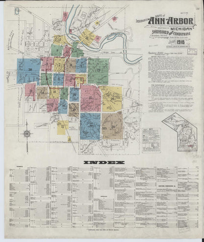 Sanborn Fire Insurance Map from Ann Arbor, Washtenaw County, Michigan (1916), Sheet #0001 - Historic Sanborn Fire Insurance Map Print, vintage old map wall art, antique decor, genealogy gift, Michigan Michigan map