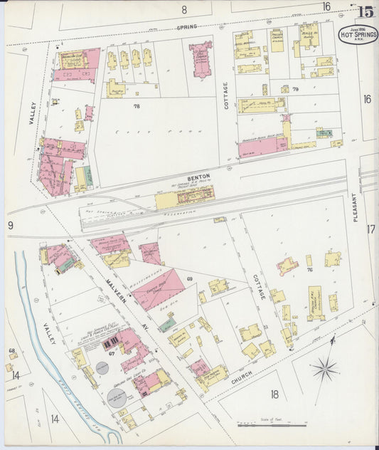 Sanborn Fire Insurance Map from Hot Springs, Garland County, Arkansas (1896), Sheet #0015 - Historic Sanborn Fire Insurance Map Print, vintage old map wall art, antique decor, genealogy gift, Arkansas Arkansas map