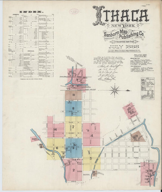 Sanborn Fire Insurance Map from Ithaca, Tompkins County, New York (1888), Sheet #0001 - Historic Sanborn Fire Insurance Map Print, vintage old map wall art, antique decor, genealogy gift, New York New York map