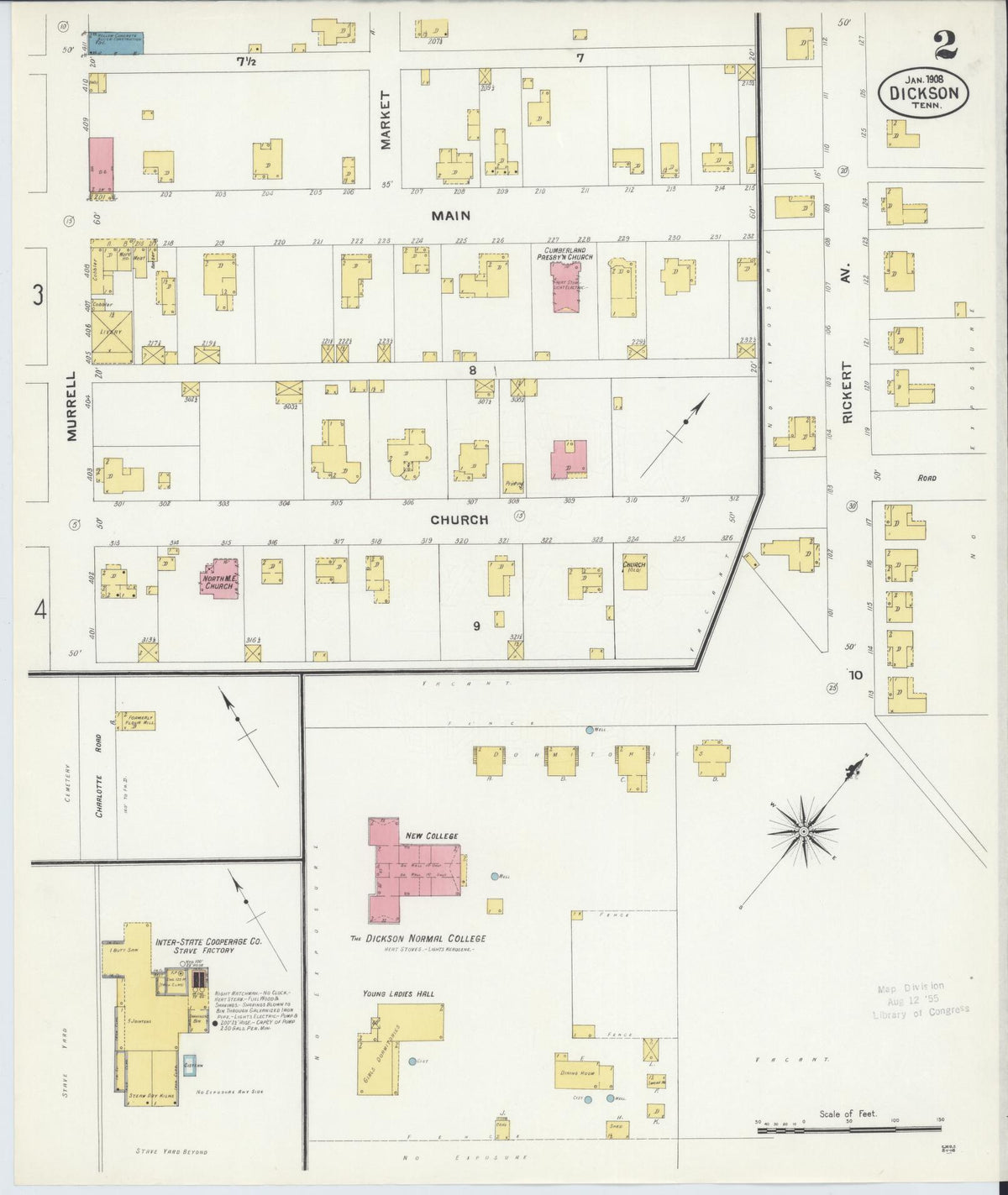 Sanborn Fire Insurance Map from Dickson, Dickson County, Tennessee (1908), Sheet #0002 - Complete Map Set gallery image, historic Sanborn map, vintage wall art, Tennessee Tennessee