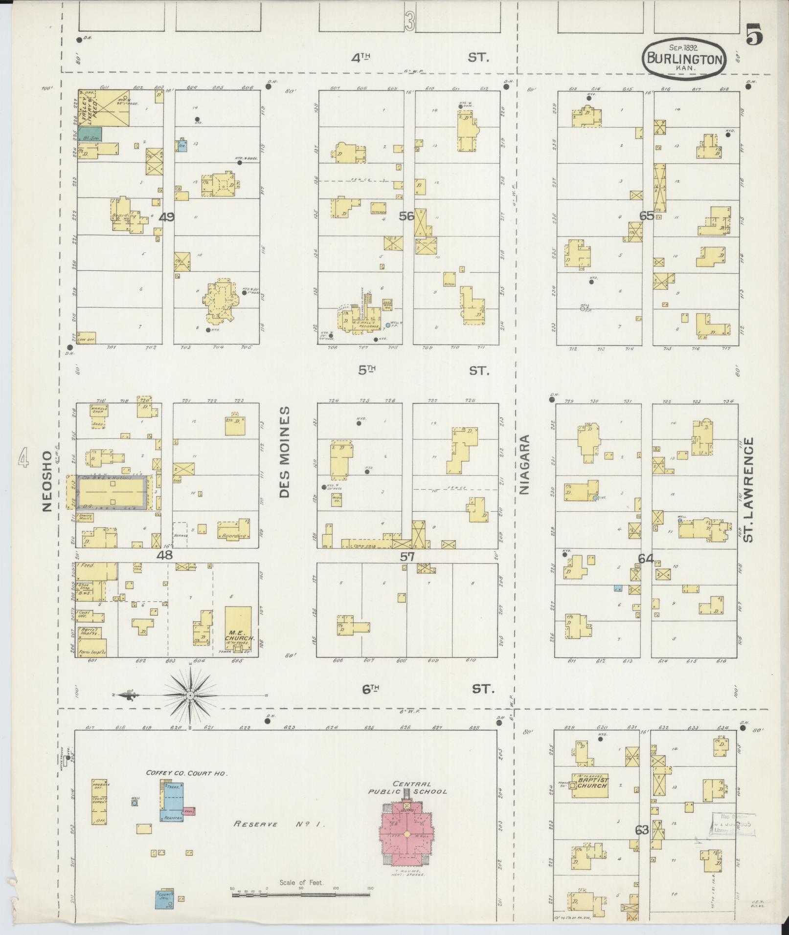 Sanborn Fire Insurance Map from Burlington, Coffey County, Kansas (1892), Sheet #0005 - Historic Sanborn Fire Insurance Map Print, vintage old map wall art, antique decor, genealogy gift, Kansas Kansas map