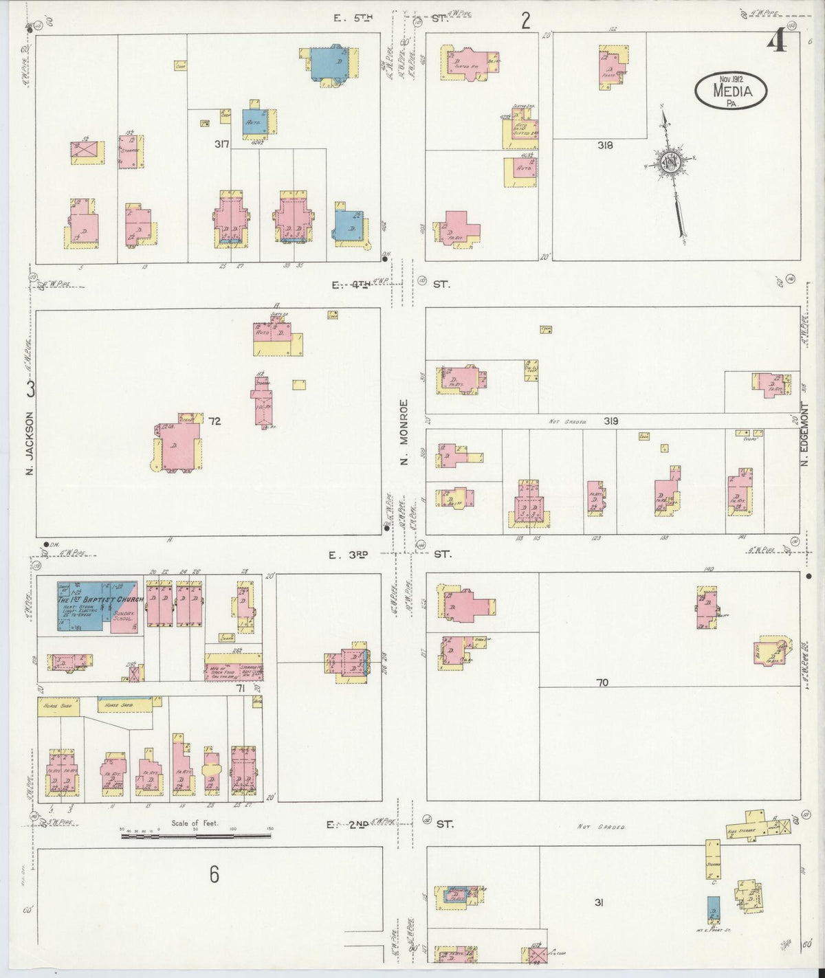 Sanborn Fire Insurance Map from Media, Delaware County, Pennsylvania (1912), Sheet #0004 - Historic Sanborn Fire Insurance Map Print, vintage old map wall art, antique decor, genealogy gift, Media Delaware map