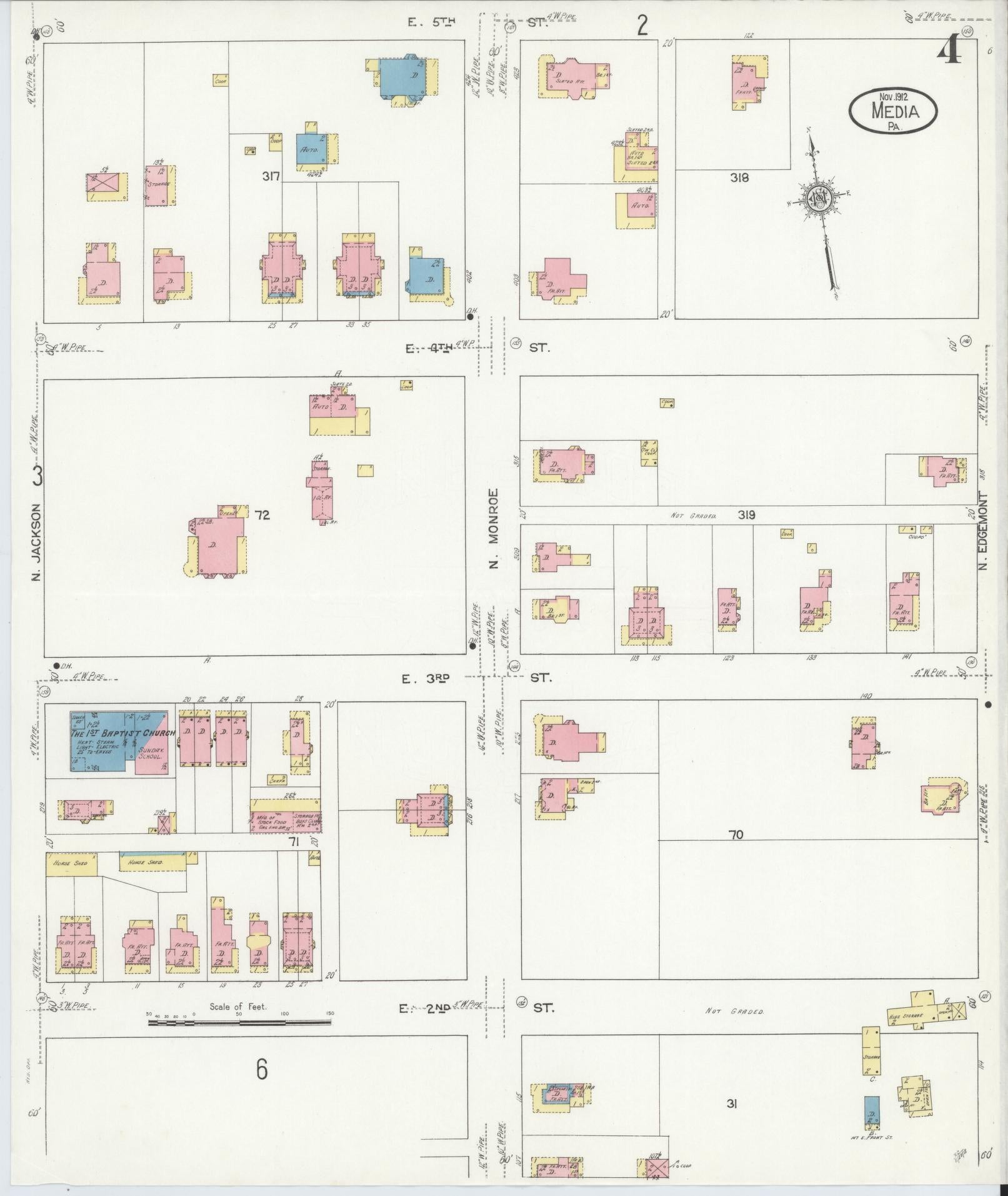 Sanborn Fire Insurance Map from Media, Delaware County, Pennsylvania (1912), Sheet #0004 - Historic Sanborn Fire Insurance Map Print, vintage old map wall art, antique decor, genealogy gift, Media Delaware map