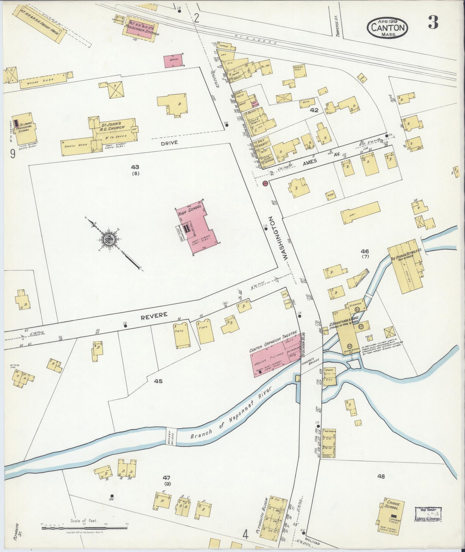Sanborn Fire Insurance Map from Canton, Norfolk County, Massachusetts (1919), Sheet #0003 - Complete Map Set gallery image, historic Sanborn map, vintage wall art, Massachusetts Massachusetts