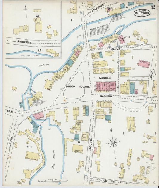 Sanborn Fire Insurance Map from Milford, Hillsborough County, New Hampshire (1892), Sheet #0002 - Historic Sanborn Fire Insurance Map Print, vintage old map wall art, antique decor, genealogy gift, New Hampshire New Hampshire map