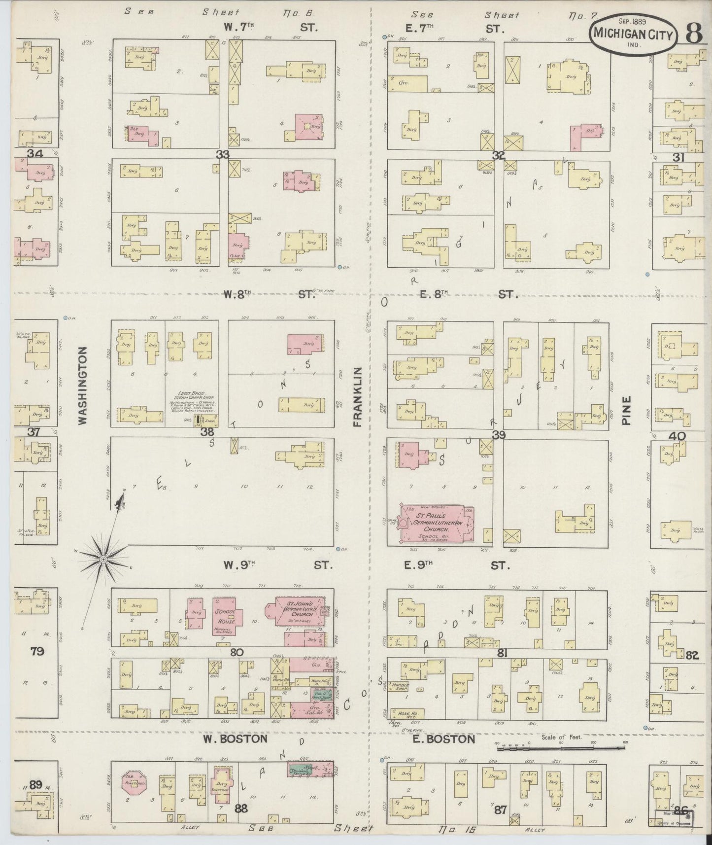 Sanborn Fire Insurance Map from Michigan City, La Porte County, Indiana (1889), Sheet #0008 - Historic Sanborn Fire Insurance Map Print, vintage old map wall art, antique decor, genealogy gift, Michigan Michigan map