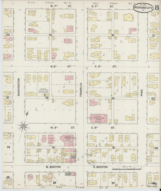 Sanborn Fire Insurance Map from Michigan City, La Porte County, Indiana (1889), Sheet #0008 - Historic Sanborn Fire Insurance Map Print, vintage old map wall art, antique decor, genealogy gift, Michigan Michigan map