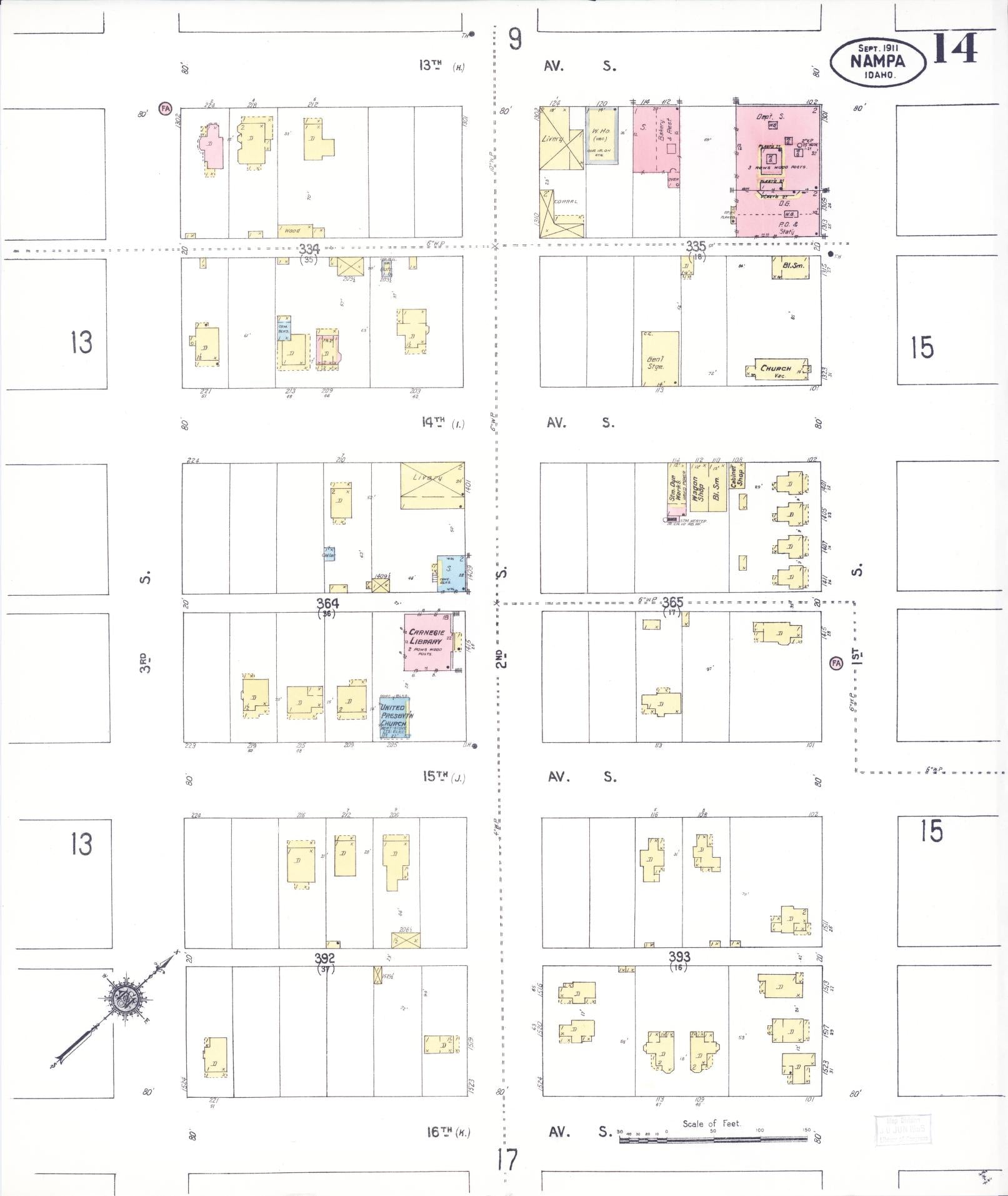 Sanborn Fire Insurance Map from Nampa, Canyon County, Idaho (1911), Sheet #0014 - Complete Map Set gallery image, historic Sanborn map, vintage wall art, Idaho Idaho