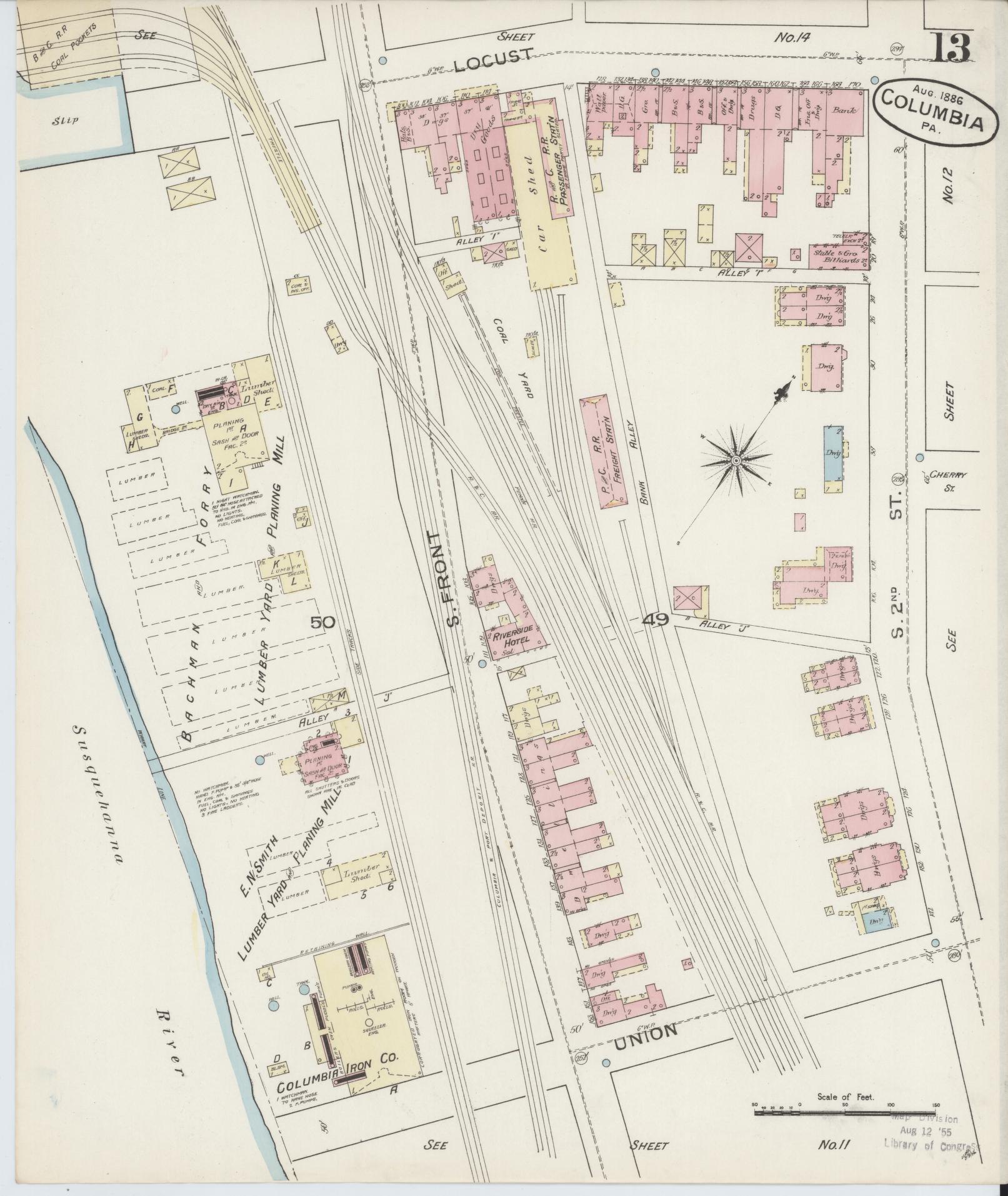 Sanborn Fire Insurance Map from Columbia, Lancaster County, Pennsylvania (1886), Sheet #0013 - Historic Sanborn Fire Insurance Map Print, vintage old map wall art, antique decor, genealogy gift, Pennsylvania Pennsylvania map