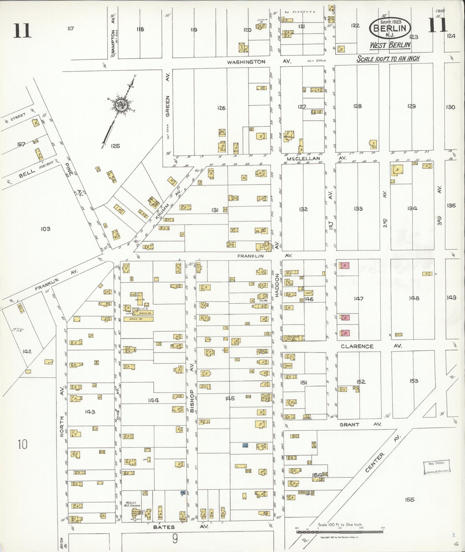 Sanborn Fire Insurance Map from Berlin, Camden County, New Jersey (1923), Sheet #0011 - Historic Sanborn Fire Insurance Map Print, vintage old map wall art, antique decor, genealogy gift, New Jersey New Jersey map