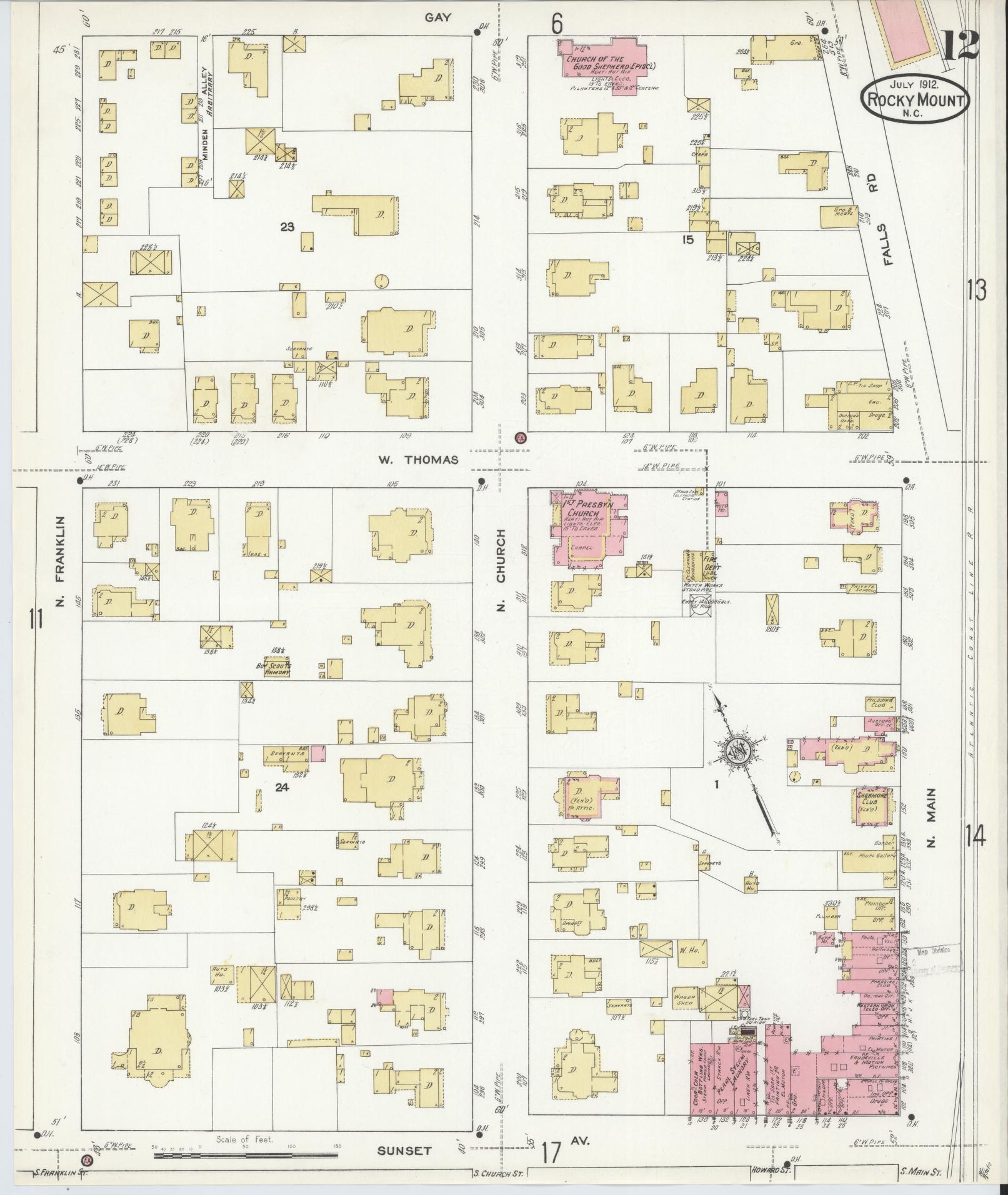 Sanborn Fire Insurance Map from Rocky Mount, Edgecombe And Nash Counties, North Carolina (1912), Sheet #0012 - Historic Sanborn Fire Insurance Map Print, vintage old map wall art, antique decor, genealogy gift, North Carolina North Carolina map