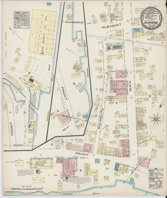 Sanborn Fire Insurance Map from Richmond, Sagadahoc County, Maine (1884), Sheet #0001 - Historic Sanborn Fire Insurance Map Print, vintage old map wall art, antique decor, genealogy gift, Maine Maine map