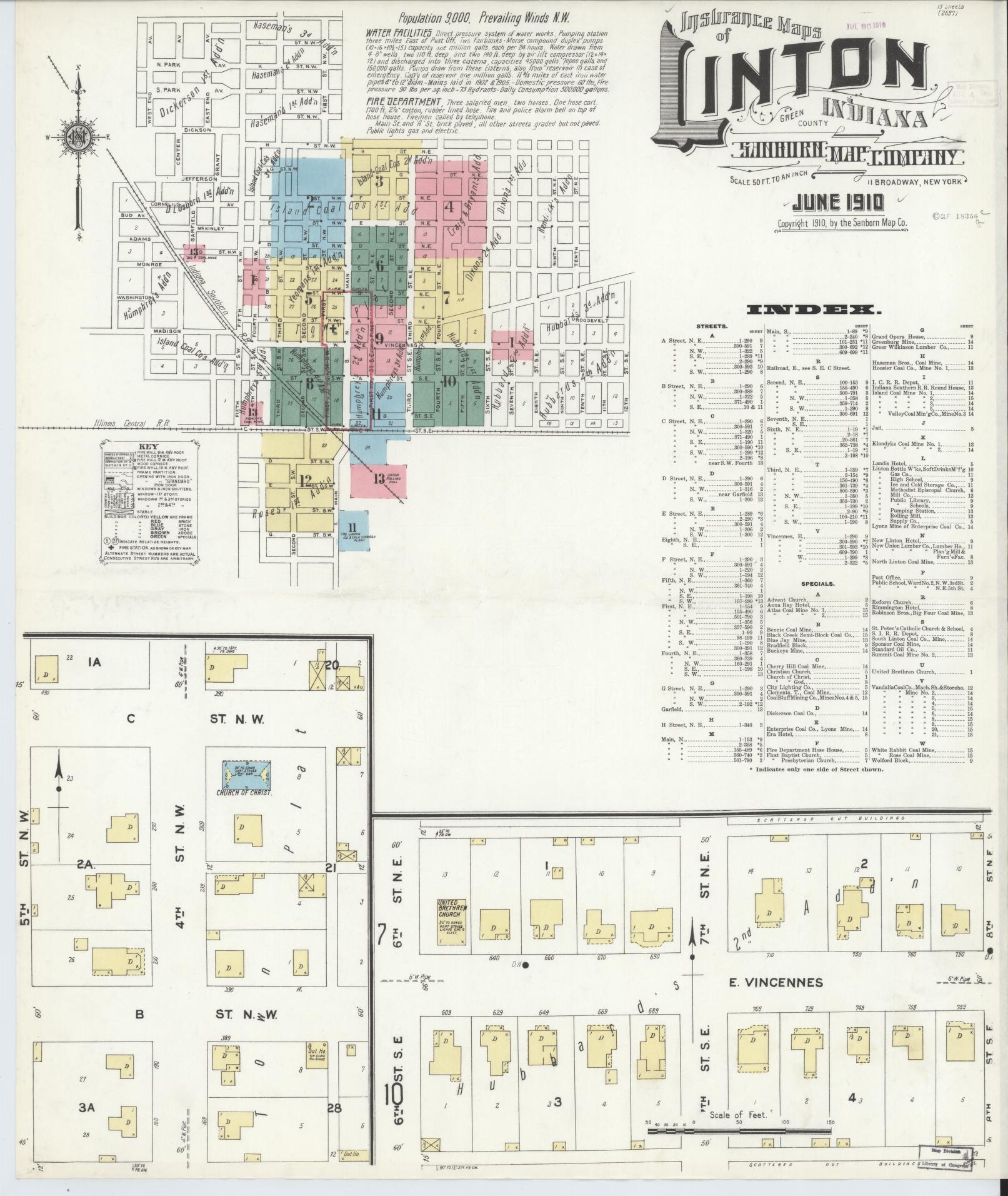 Sanborn Fire Insurance Map from Linton, Greene County, Indiana (1910), Sheet #0001 - Historic Sanborn Fire Insurance Map Print, vintage old map wall art, antique decor, genealogy gift, Indiana Indiana map