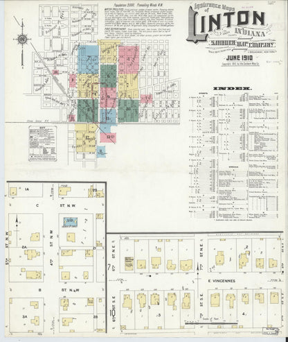 Sanborn Fire Insurance Map from Linton, Greene County, Indiana (1910), Sheet #0001 - Historic Sanborn Fire Insurance Map Print, vintage old map wall art, antique decor, genealogy gift, Indiana Indiana map
