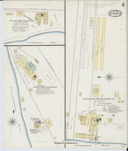 Sanborn Fire Insurance Map from Midland, Midland County, Michigan (1889), Sheet #0004 - Historic Sanborn Fire Insurance Map Print, vintage old map wall art, antique decor, genealogy gift, Michigan Michigan map