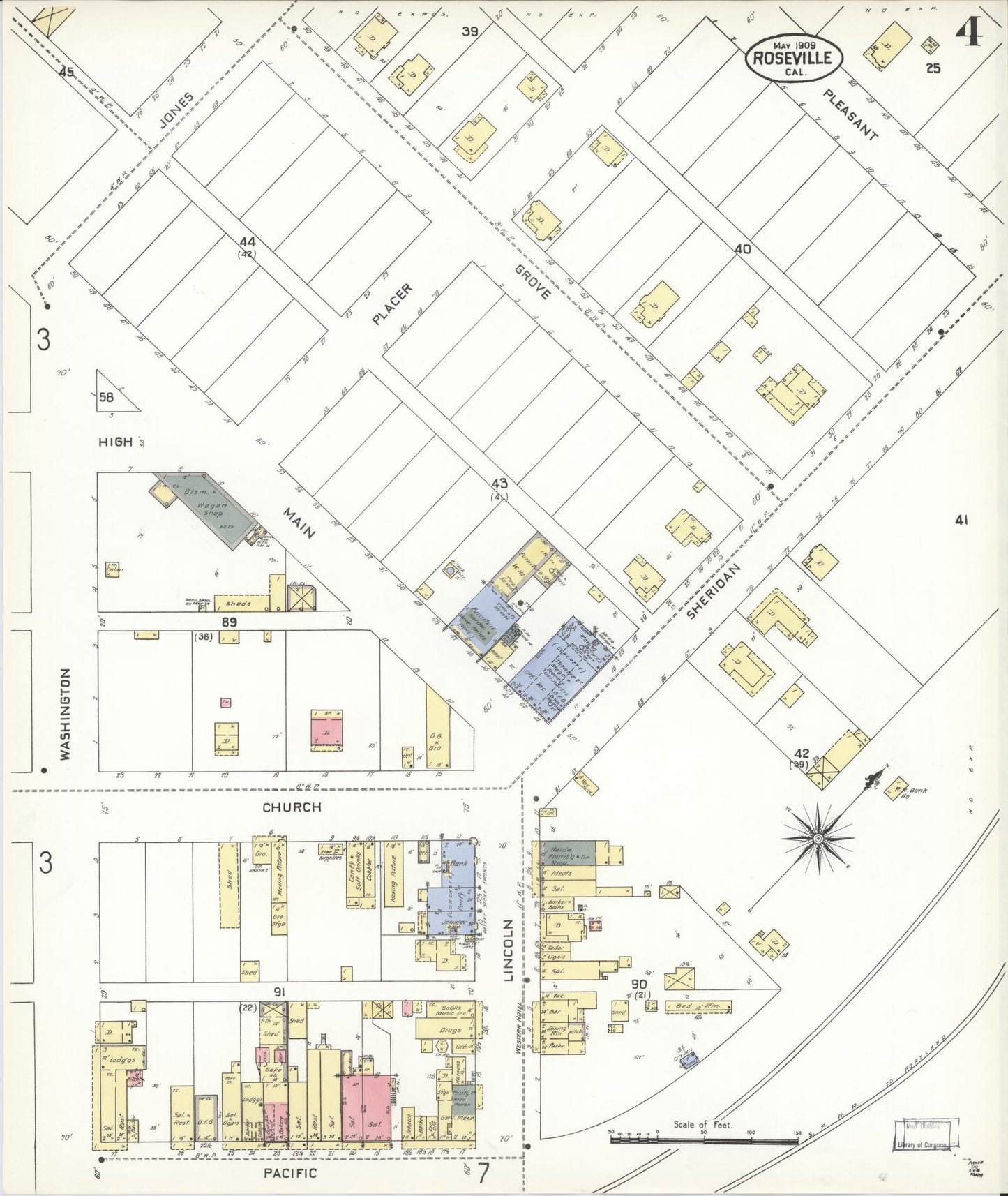 Sanborn Fire Insurance Map from Roseville, Placer County, California (1909), Sheet #0004 - Complete Map Set gallery image, historic Sanborn map, vintage wall art, California California