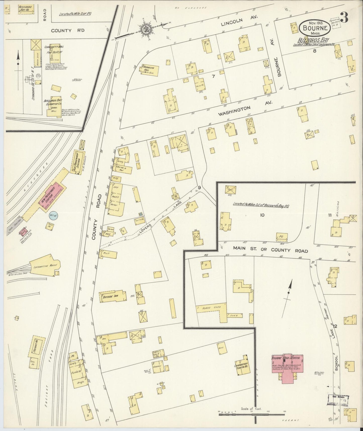 Sanborn Fire Insurance Map from Bourne, Barnstable County, Massachusetts (1913), Sheet #0003 - Complete Map Set gallery image, historic Sanborn map, vintage wall art, Massachusetts Massachusetts