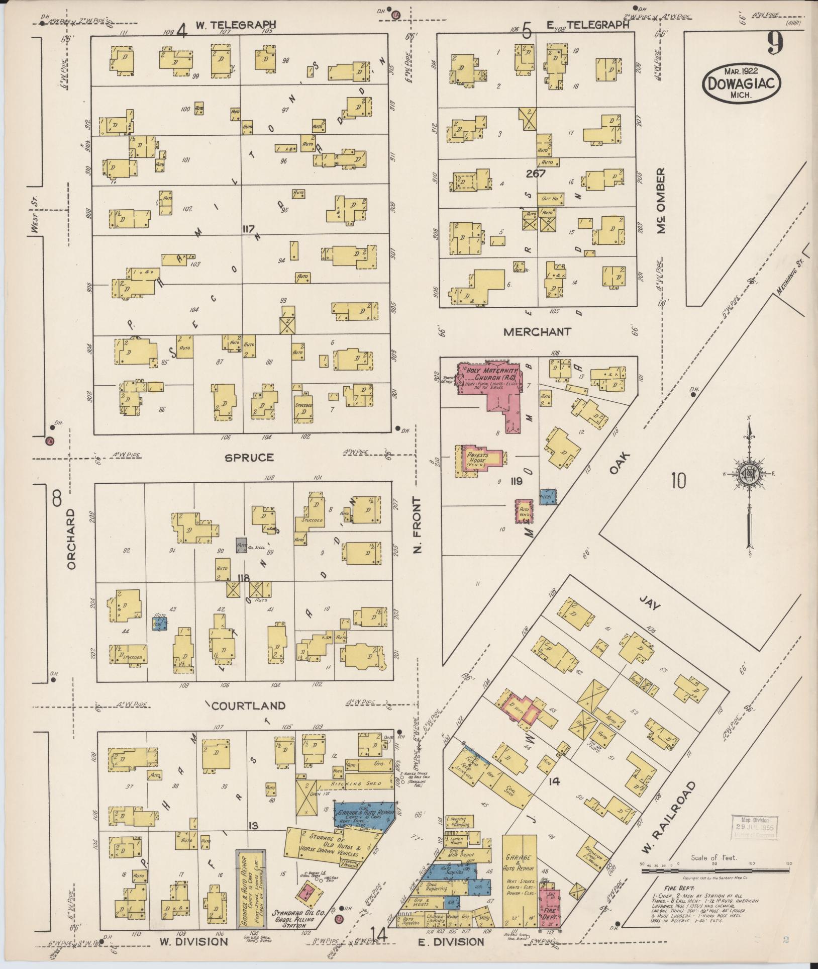 Sanborn Fire Insurance Map from Dowagiac, Cass County, Michigan (1922), Sheet #0009 - Historic Sanborn Fire Insurance Map Print, vintage old map wall art, antique decor, genealogy gift, Michigan Michigan map