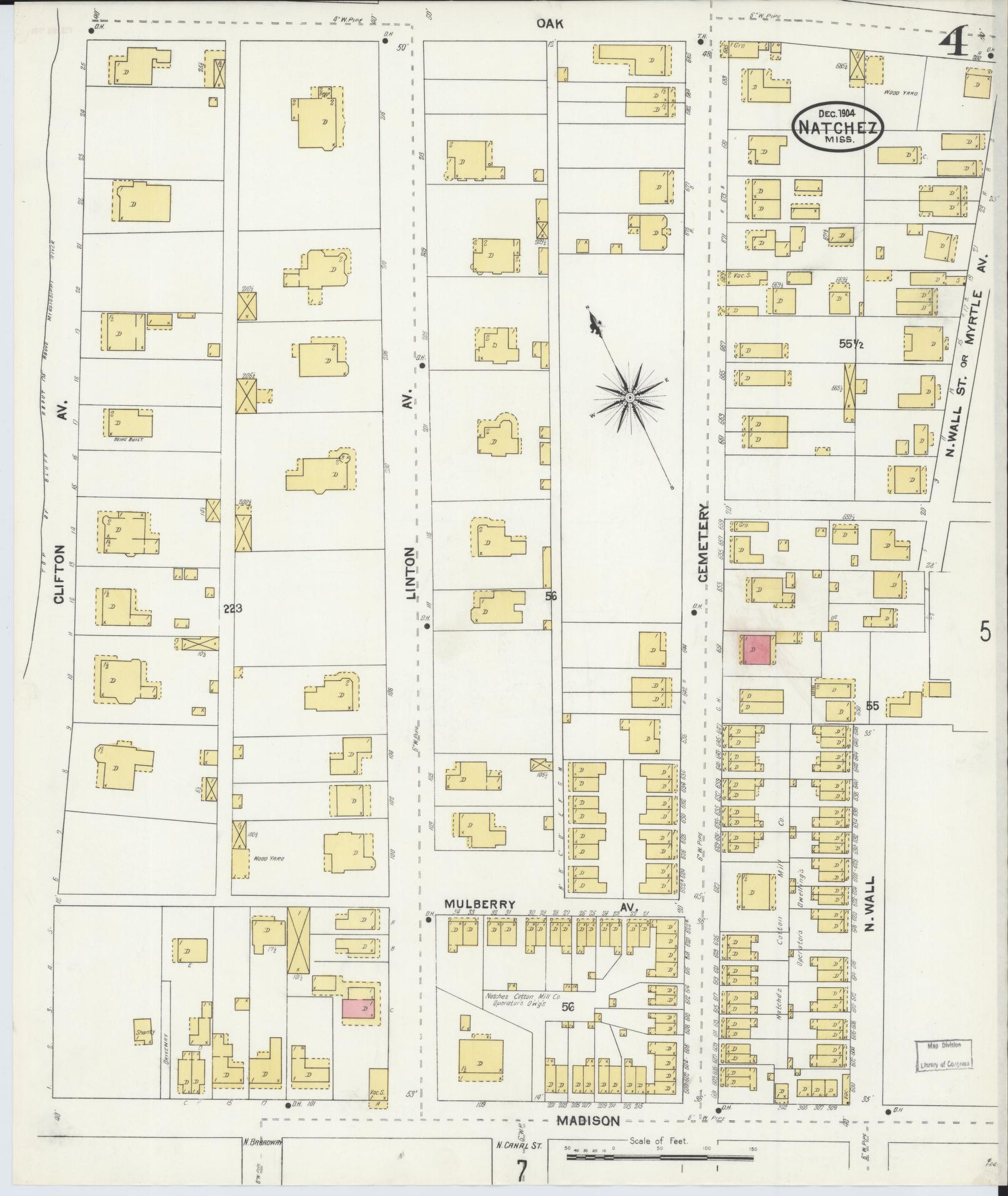 Sanborn Fire Insurance Map from Natchez, Adams County, Mississippi (1904), Sheet #0004 - Historic Sanborn Fire Insurance Map Print, vintage old map wall art, antique decor, genealogy gift, Mississippi Mississippi map