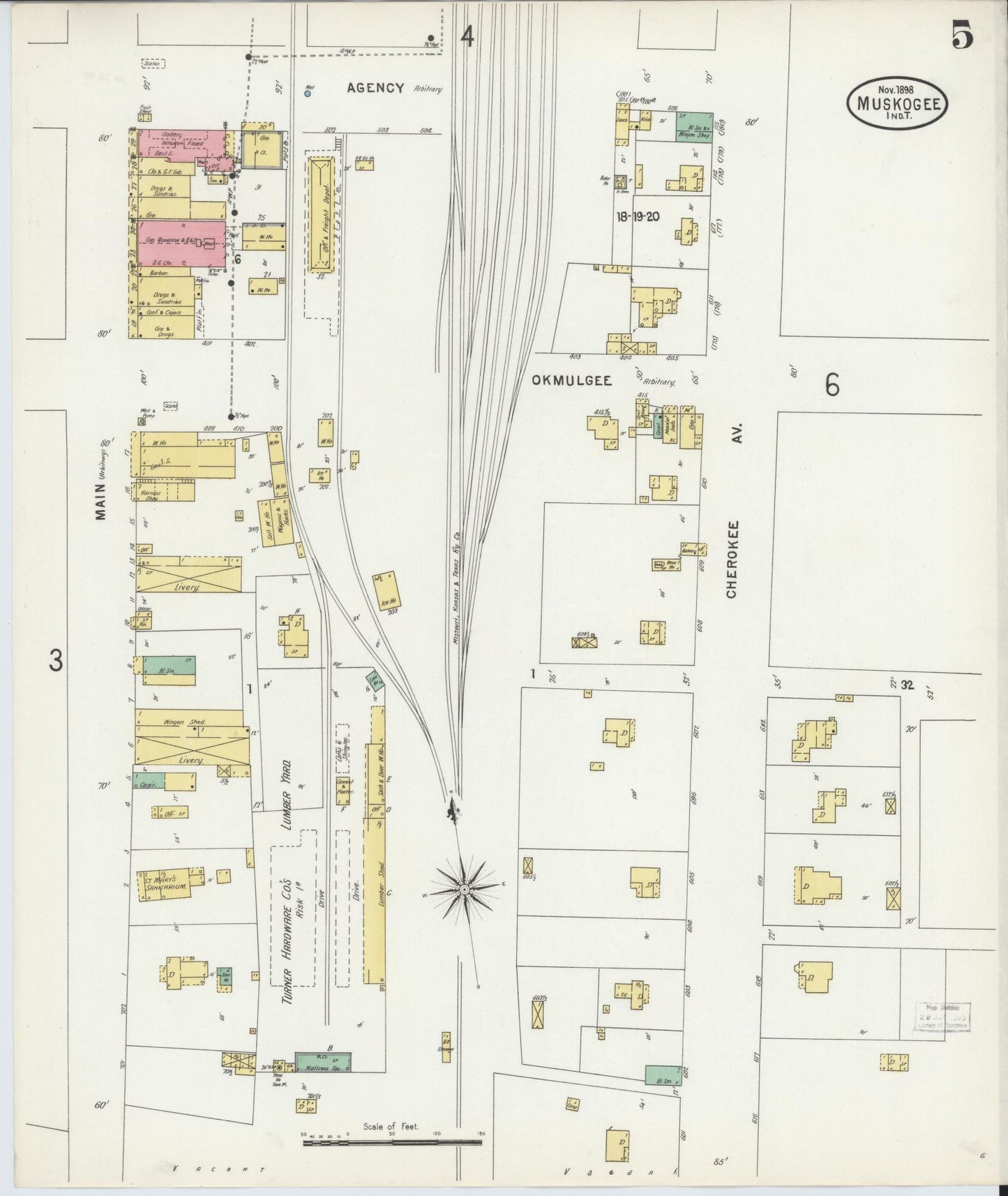 Sanborn Fire Insurance Map from Muskogee, Muskogee County, Oklahoma (1898), Sheet #0005 - Complete Map Set gallery image, historic Sanborn map, vintage wall art, Oklahoma Oklahoma