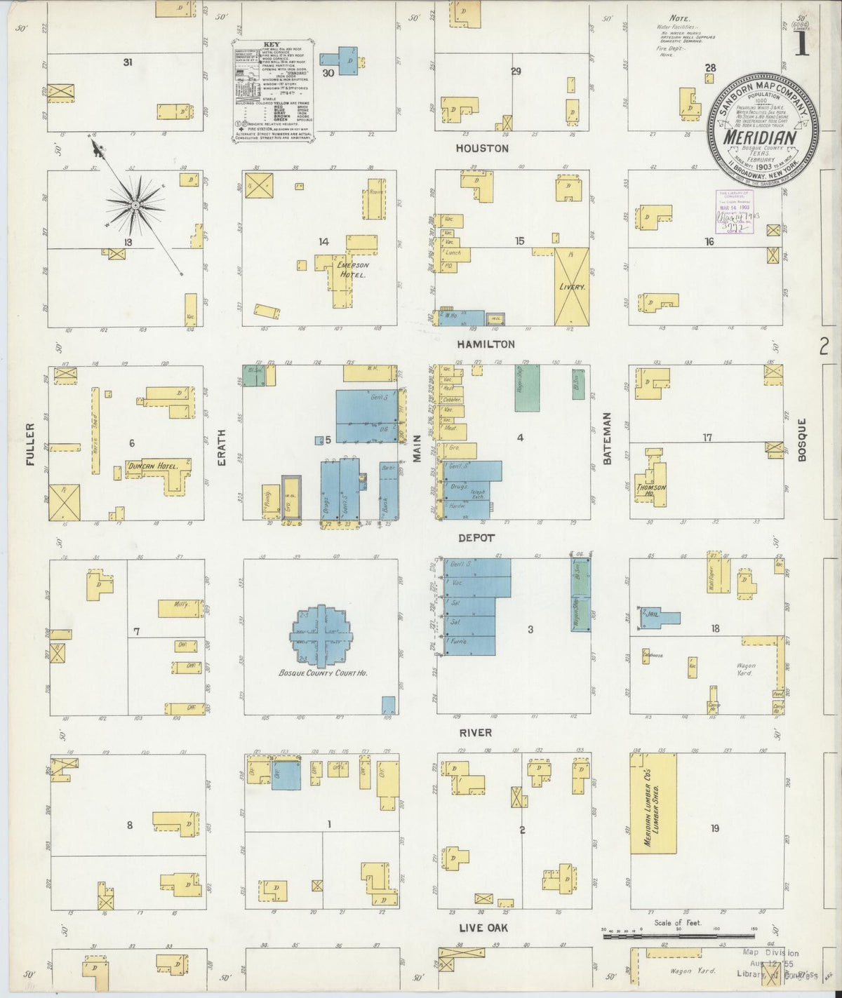 Sanborn Fire Insurance Map from Meridian, Bosque County, Texas (1903), Sheet #0001 - Historic Sanborn Fire Insurance Map Print, vintage old map wall art, antique decor, genealogy gift, Texas Texas map